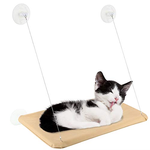 Rehomy Cojín transpirable para colgar en la ventana, para gatos y cachorros, con ventosas fuertes, asiento para mascotas, hamaca alta, color beige