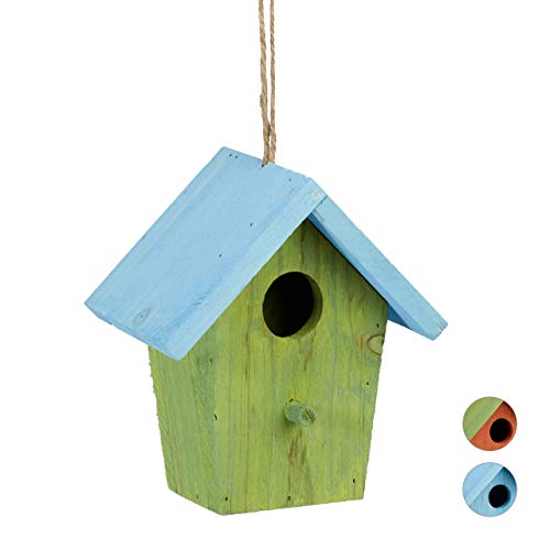 Relaxdays Casita para pájaros, Comedero Colgante de Aves, Adorno de jardín, Madera, 1 Ud, 16x15x8 cm, Verde