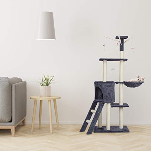 Relaxdays Rascador para Gatos XL Árbol para Gatos con Cueva, Hueco y Juguete, Torre para Gatos, 142,5 x 93 x 44,5 cm, Gris
