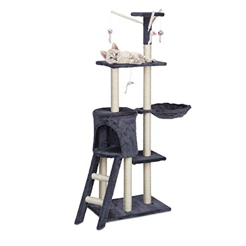 Relaxdays Rascador para Gatos XL Árbol para Gatos con Cueva, Hueco y Juguete, Torre para Gatos, 142,5 x 93 x 44,5 cm, Gris