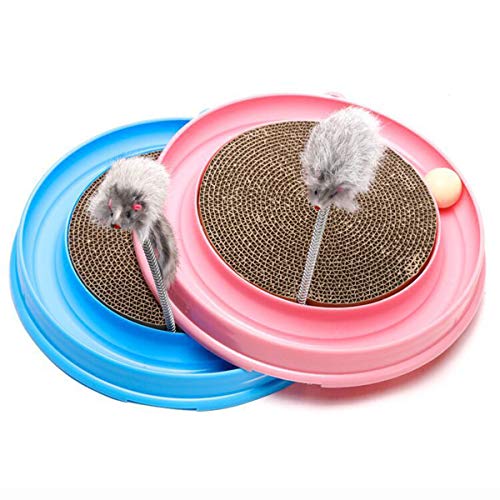 Ruiqas Rascador de gatito, gato y cartón, juguete divertido para gatos, rascador redondo, juguete interactivo divertido con una bola y un ratón peludo (azul)