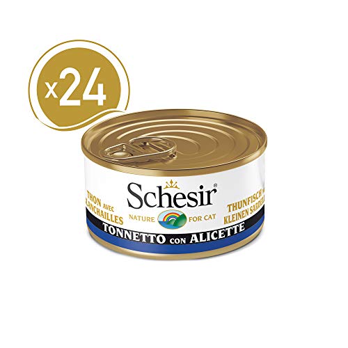Schesir, Comida húmeda para Gatos Adultos, Sabor bacoreta con anchoas en gelatina Blanda - Total 2 kg (24 latas monodosis x 85 gr)