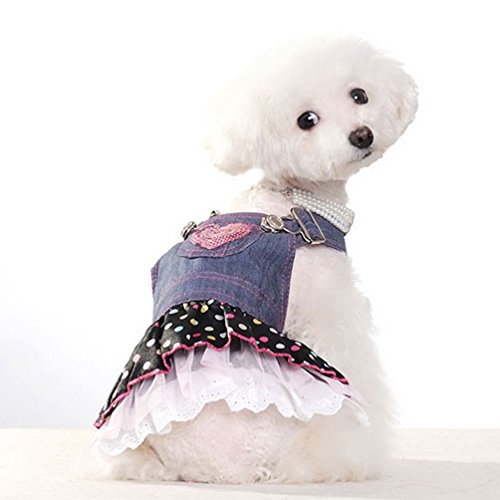 SELMAI Vestido de mezclilla para perros pequeños niñas falda de princesa con lentejuelas Chihuahua ropa de tutú plisada con diseño de lunares diseño de corazón gatito grande para fiestas de verano XS