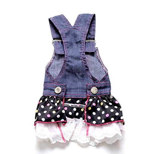 SELMAI Vestido de mezclilla para perros pequeños niñas falda de princesa con lentejuelas Chihuahua ropa de tutú plisada con diseño de lunares diseño de corazón gatito grande para fiestas de verano XS