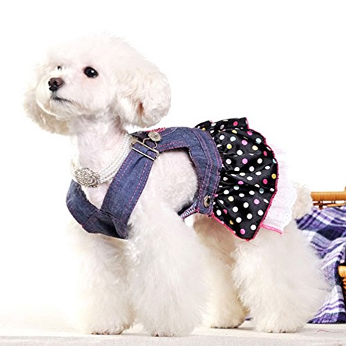 SELMAI Vestido de mezclilla para perros pequeños niñas falda de princesa con lentejuelas Chihuahua ropa de tutú plisada con diseño de lunares diseño de corazón gatito grande para fiestas de verano XS