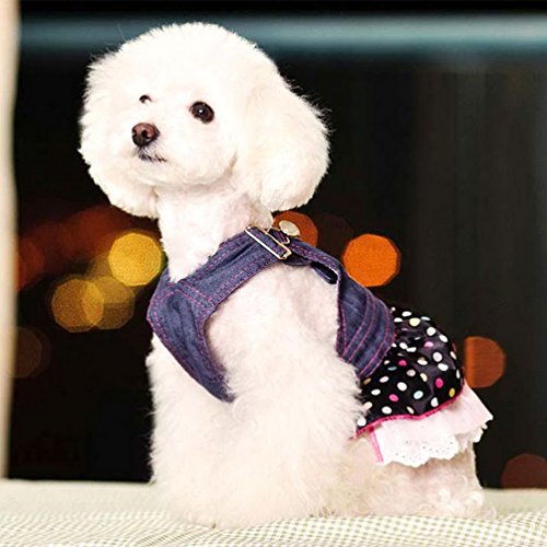 SELMAI Vestido de mezclilla para perros pequeños niñas falda de princesa con lentejuelas Chihuahua ropa de tutú plisada con diseño de lunares diseño de corazón gatito grande para fiestas de verano XS