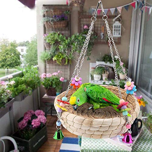 Seully Juguete para Loro Nido de Pájaro, Columpio de Cama de Nido de Paja Tejido a Mano Natural con 4 Campanas de Metal, Columpio para Pájaros, Periquitos Pequeños,Loro Encaramado