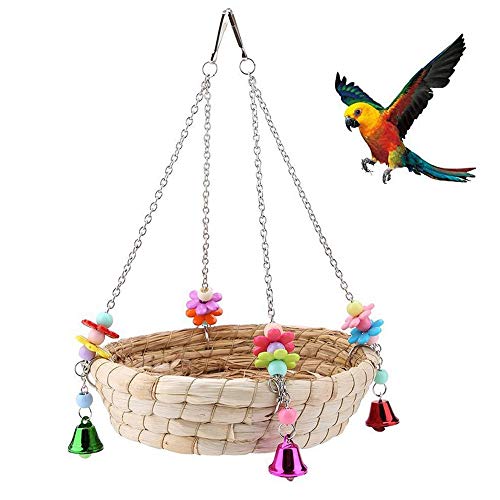 Seully Juguete para Loro Nido de Pájaro, Columpio de Cama de Nido de Paja Tejido a Mano Natural con 4 Campanas de Metal, Columpio para Pájaros, Periquitos Pequeños,Loro Encaramado