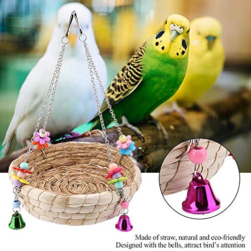 Seully Juguete para Loro Nido de Pájaro, Columpio de Cama de Nido de Paja Tejido a Mano Natural con 4 Campanas de Metal, Columpio para Pájaros, Periquitos Pequeños,Loro Encaramado