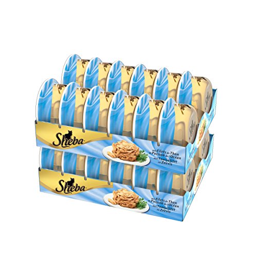 Sheba Dômes pour Chat Adulte – Friandise aux filets de Thon et Poisson de l'océan en Sauce – Barquettes Snack 24 x 80g