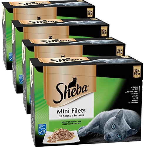 Sheba Mini Filets en Sauce pour Chat Adulte – Nourriture Humide pour Chats - Sélection Terre & Mer – Sachets Fraîcheur 48 x 85g