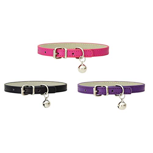 SIMUER 3 Piezas Cuero Collar para Gatos, Gato Reflectante Collar con Campana Regulable para Mascotas Gatito Cachorro Perros Pequeños