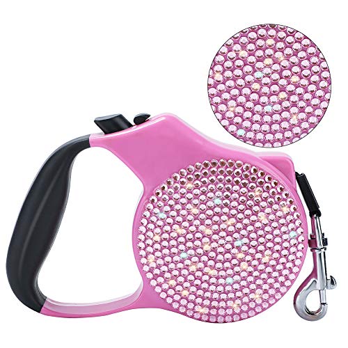 Soleebee Correa retráctil para perro de 5 m con mango antideslizante, diseño de botón de ruptura y bloqueo, diamantes de imitación brillantes, correa para perros pequeños de hasta 15 kg (rosa)