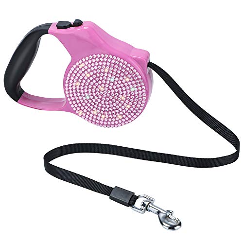 Soleebee Correa retráctil para perro de 5 m con mango antideslizante, diseño de botón de ruptura y bloqueo, diamantes de imitación brillantes, correa para perros pequeños de hasta 15 kg (rosa)