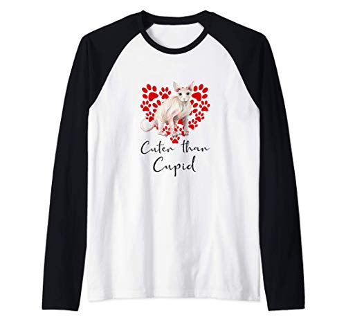 SPHYNX Cuter Than Cupip Gato Día San Valentín Gato sin pelo Camiseta Manga Raglan