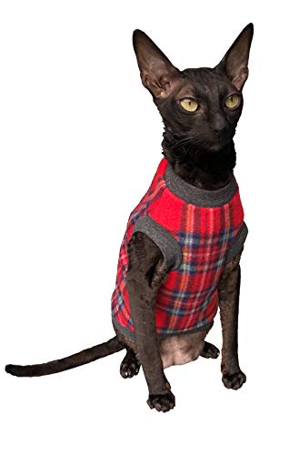 Suéter de gato Kotomoda Plaid Rojo Gris Desnudo Gato Esfinge Sin Pelo Ropa (L)