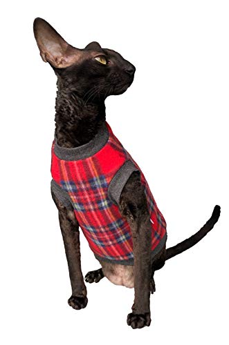 Suéter de gato Kotomoda Plaid Rojo Gris Desnudo Gato Esfinge Sin Pelo Ropa (L)