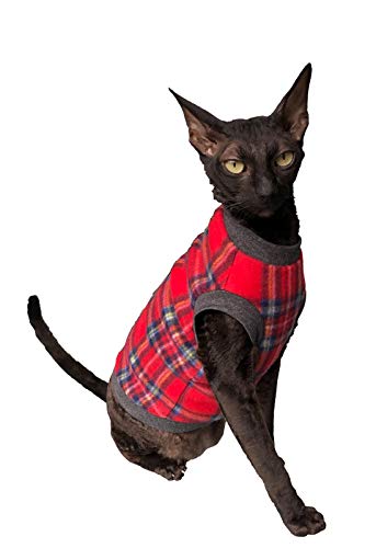 Suéter de gato Kotomoda Plaid Rojo Gris Desnudo Gato Esfinge Sin Pelo Ropa (L)