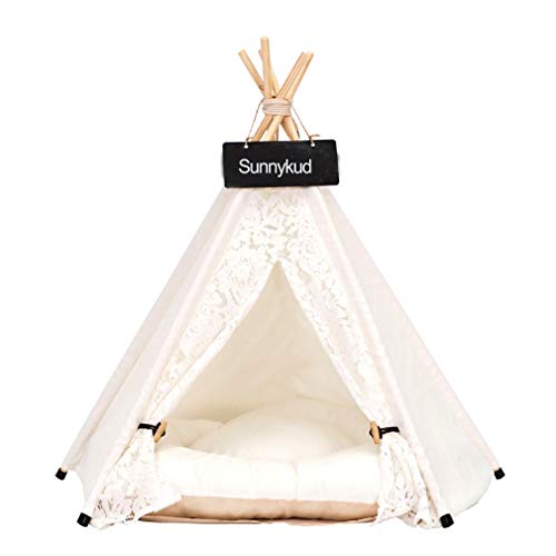 Sunnykud Pet Teepee Tienda de campaña de encaje para perros con diseño de cebra extraíble y lavable, para gatos y perros, con cojín de 60 x 60 x 70 cm