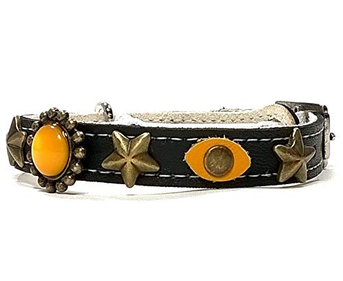Superpipapo Original y Cómodo Collar para Gatos de Cuero Negro, Hebilla con Seguridad Elástico, Piel de Calidad, Diseño Único Hecho a Mano en España, con Ojos Amarillos de Gato y Estrellas