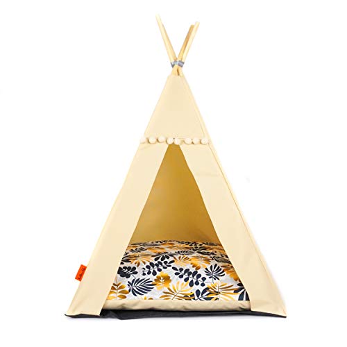 Tienda de campaña para gatos y perros. Cama tipi blanca y negra Glamour. Cama de lujo para gatos y perros, casa para mascotas (M, beige, hojas).