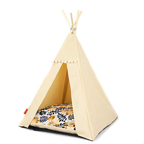 Tienda de campaña para gatos y perros. Cama tipi blanca y negra Glamour. Cama de lujo para gatos y perros, casa para mascotas (M, beige, hojas).