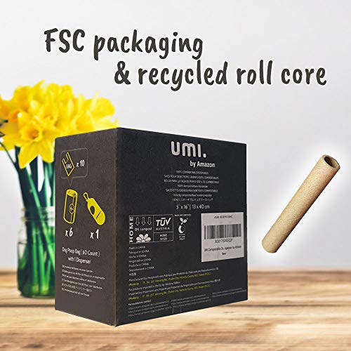 UMI. by Amazon Bolsas para Excrementos de Perro Biodegradables - Origen Vegetal, Compostaje Casero, Sin Microplásticos, Resistentes a Fugas - 13 x 40 cm con Asas, Paquete de 60 con Porta Bolsas