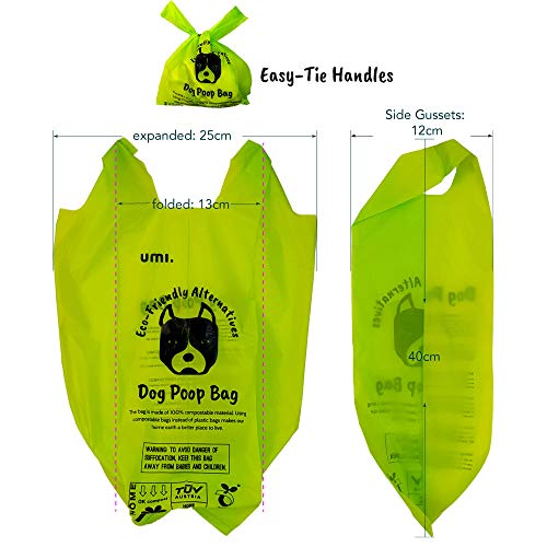 UMI. by Amazon Bolsas para Excrementos de Perro Biodegradables - Origen Vegetal, Compostaje Casero, Sin Microplásticos, Resistentes a Fugas - 13 x 40 cm con Asas, Paquete de 60 con Porta Bolsas