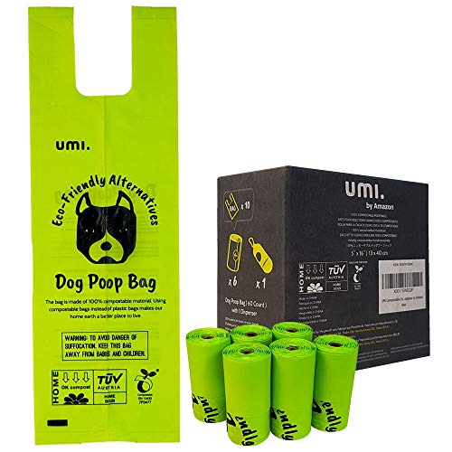 UMI. by Amazon Bolsas para Excrementos de Perro Biodegradables - Origen Vegetal, Compostaje Casero, Sin Microplásticos, Resistentes a Fugas - 13 x 40 cm con Asas, Paquete de 60 con Porta Bolsas