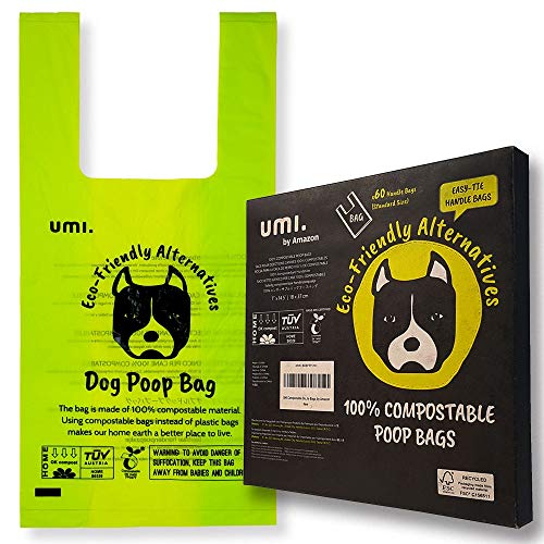 UMI. by Amazon Bolsas para Excrementos de Perro Biodegradables - Origen Vegetal, Compostaje Casero, Sin Microplásticos, Sin Perfumes y Resistentes a Fugas - 18 x 37 cm con Asas, Paquete de 60