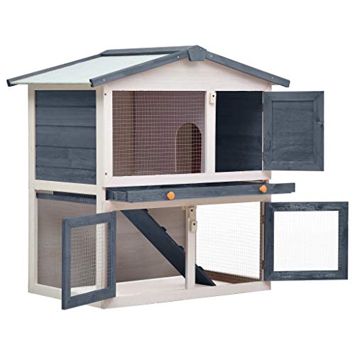 vidaXL Madera Jaula Conejera con 3 Puerta Casita Caseta de Animales Pequeños Mascotas Gallinero Protección Refugio Impermeable Gris