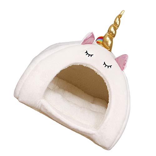 VILLCASE Nido Cálido para Mascotas-Nido de Unicornio Adorable Jaula de Invierno para Dormir Cachorro Hámster Conejo de Peluche Casa de Animales Pequeños Cama de Dormir (Blanco Talla L)