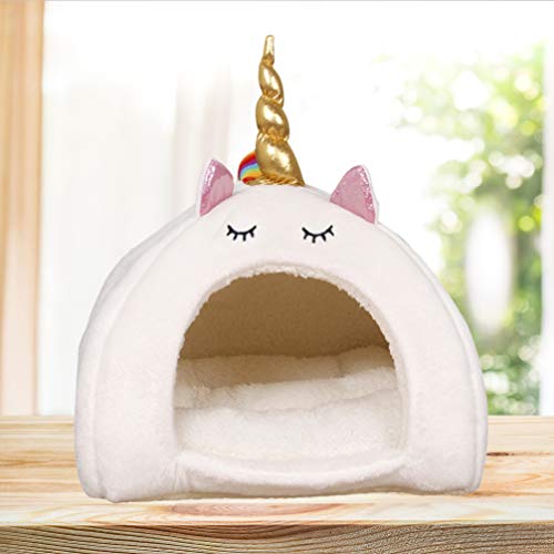 VILLCASE Nido Cálido para Mascotas-Nido de Unicornio Adorable Jaula de Invierno para Dormir Cachorro Hámster Conejo de Peluche Casa de Animales Pequeños Cama de Dormir (Blanco Talla L)