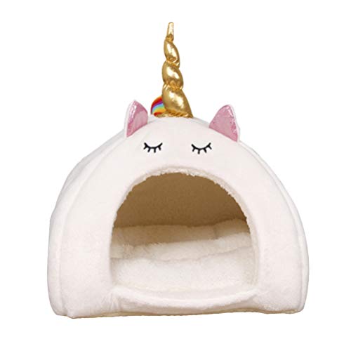 VILLCASE Nido Cálido para Mascotas-Nido de Unicornio Adorable Jaula de Invierno para Dormir Cachorro Hámster Conejo de Peluche Casa de Animales Pequeños Cama de Dormir (Blanco Talla L)