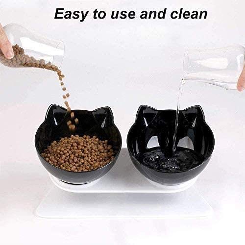 Vinkkatory Cuenco para gatos con estante elevado, comedero de comida para mascotas, cuenco inclinable de 15°, apto para gatos y perros, base blanca y cuenco doble negro