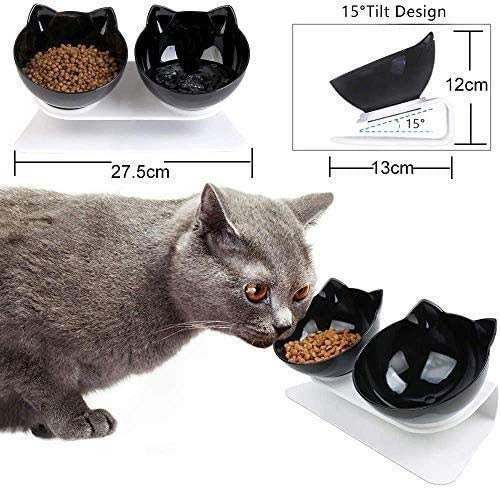 Vinkkatory Cuenco para gatos con estante elevado, comedero de comida para mascotas, cuenco inclinable de 15°, apto para gatos y perros, base blanca y cuenco doble negro