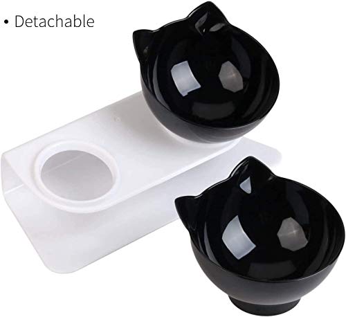 Vinkkatory Cuenco para gatos con estante elevado, comedero de comida para mascotas, cuenco inclinable de 15°, apto para gatos y perros, base blanca y cuenco doble negro