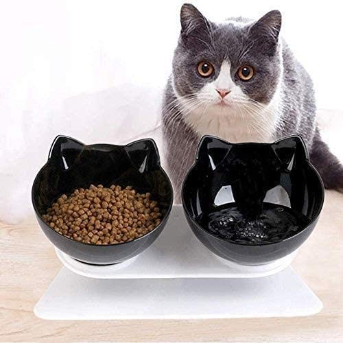 Vinkkatory Cuenco para gatos con estante elevado, comedero de comida para mascotas, cuenco inclinable de 15°, apto para gatos y perros, base blanca y cuenco doble negro