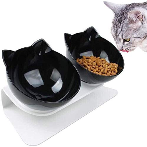 Vinkkatory Cuenco para gatos con estante elevado, comedero de comida para mascotas, cuenco inclinable de 15°, apto para gatos y perros, base blanca y cuenco doble negro