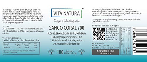 Vita Natura Sango - Cápsulas veganas de coral marino, 700 mg, 1 paquete (1 x 180 unidades)