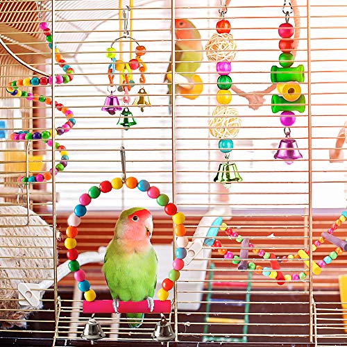 Welltop Juguetes para Pájaros, 6 Piezas Perchas Pájaros Juguetes con Campanas, Escalera de Madera, Columpios, Hamaca de Madera, Que cuelga la Perca Juguete para pequeños y medianos Loros de Aves