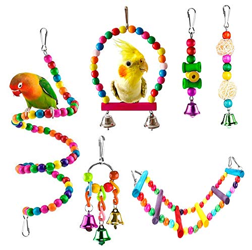 Welltop Juguetes para Pájaros, 6 Piezas Perchas Pájaros Juguetes con Campanas, Escalera de Madera, Columpios, Hamaca de Madera, Que cuelga la Perca Juguete para pequeños y medianos Loros de Aves