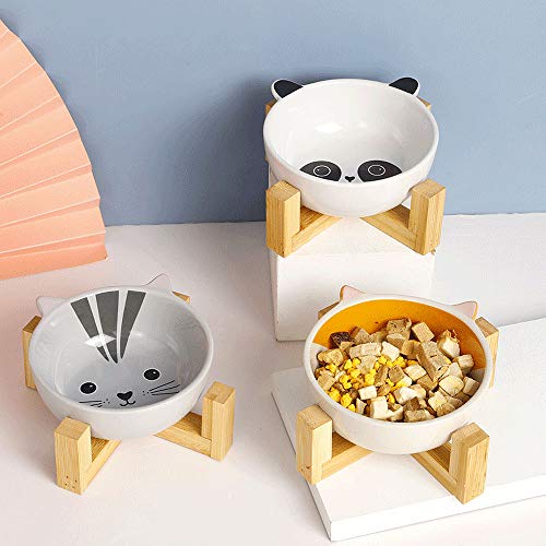 WELLXUNK® Cerámica Bowl Gatos, Cuencos elevados Mascotas, Bowl para Gatos y Perros para Perros Gatos Cachorros con Soportes de Bambú Antideslizante Cuenco de Agua para Personalizado y Práctico (C)