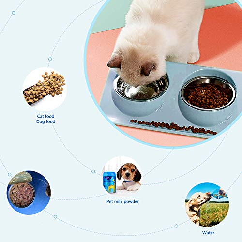 WELLXUNK® Cuenco del Gato, Tazón para Mascotas, Antideslizante Gato Cuenco, Cuencos Dobles para Gatos, Comedero para Gatos de Acero Inoxidable, Tazón de Comida Gatos Ajustable para Mascotas (Azul)
