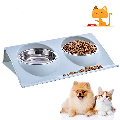 WELLXUNK® Cuenco del Gato, Tazón para Mascotas, Antideslizante Gato Cuenco, Cuencos Dobles para Gatos, Comedero para Gatos de Acero Inoxidable, Tazón de Comida Gatos Ajustable para Mascotas (Azul)