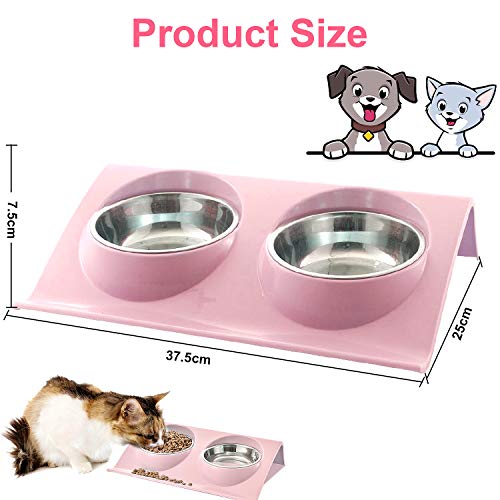 WELLXUNK® Cuenco del Gato, Tazón para Mascotas, Antideslizante Gato Cuenco, Cuencos Dobles para Gatos, Comedero para Gatos de Acero Inoxidable, Tazón de Comida Gatos Ajustable para Mascotas (Rosado)