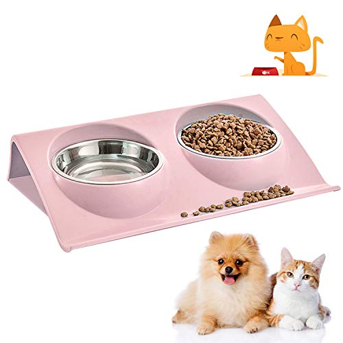 WELLXUNK® Cuenco del Gato, Tazón para Mascotas, Antideslizante Gato Cuenco, Cuencos Dobles para Gatos, Comedero para Gatos de Acero Inoxidable, Tazón de Comida Gatos Ajustable para Mascotas (Rosado)