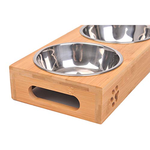 WENY Cuencos Dobles Comedero para Mascotas Cuenco De Agua para Alimentos Perro Gato Bambú Elevado Antideslizante Platos del Alimentador De Pie