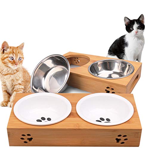 WENY Cuencos Dobles Comedero para Mascotas Cuenco De Agua para Alimentos Perro Gato Bambú Elevado Antideslizante Platos del Alimentador De Pie