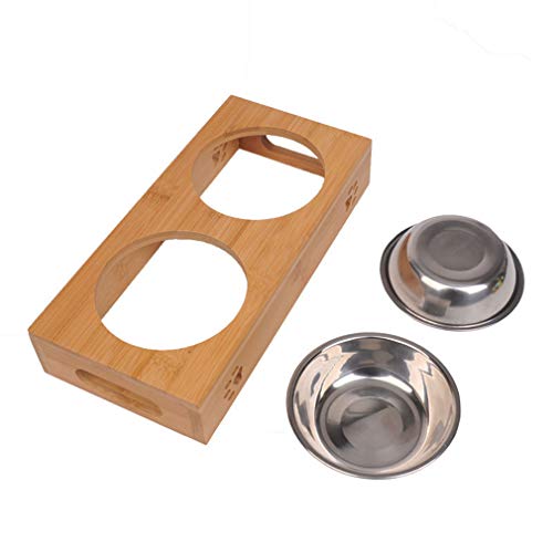 WENY Cuencos Dobles Comedero para Mascotas Cuenco De Agua para Alimentos Perro Gato Bambú Elevado Antideslizante Platos del Alimentador De Pie